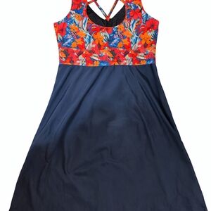 Navy One-Piece Swimdress with Red & Orange Floral Bodice